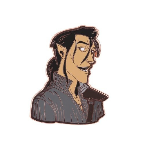Auto-generated description: A stylized drawing of a character with pointed ears, long dark hair tied back, and wearing a high-collared shirt is shown in a profile view.