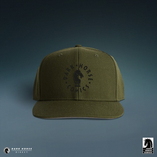 Auto-generated description: An olive green baseball cap features the Dark Horse Comics logo and text on the front.