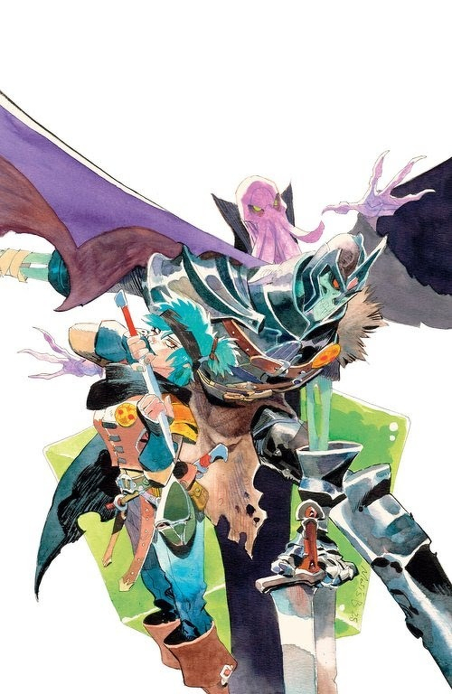 Auto-generated description: A group of fantasy characters, including a knight in armor wielding a large sword, a blue-haired warrior with a staff, and a purple tentacled creature in the background, are depicted in a dynamic, action-packed pose.