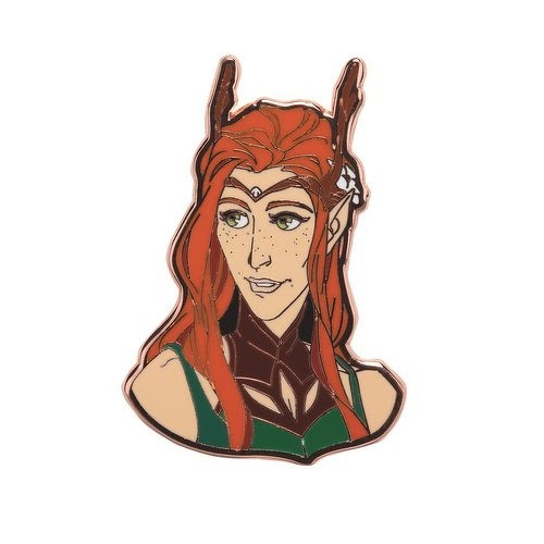 Auto-generated description: A fantasy character with long red hair, green eyes, freckles, and tall antler-like horns is depicted wearing a green and dark brown outfit.