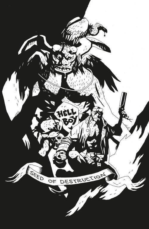 Auto-generated description: A dark, stylized illustration features Hellboy holding a gun alongside a monstrous figure with a vulture on its head, with a banner reading Seed of Destruction.