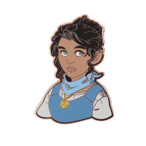 Auto-generated description: A stylized illustration of a person with dark braided hair, blue eyes, wearing a blue top and a light blue scarf around the neck, along with a gold medallion pendant.