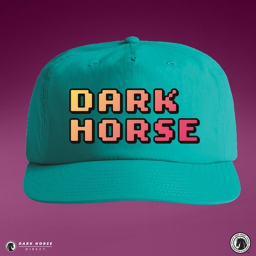 Auto-generated description: A turquoise baseball cap featuring the words DARK HORSE in bold, pixelated, multicolored letters is set against a purple background.
