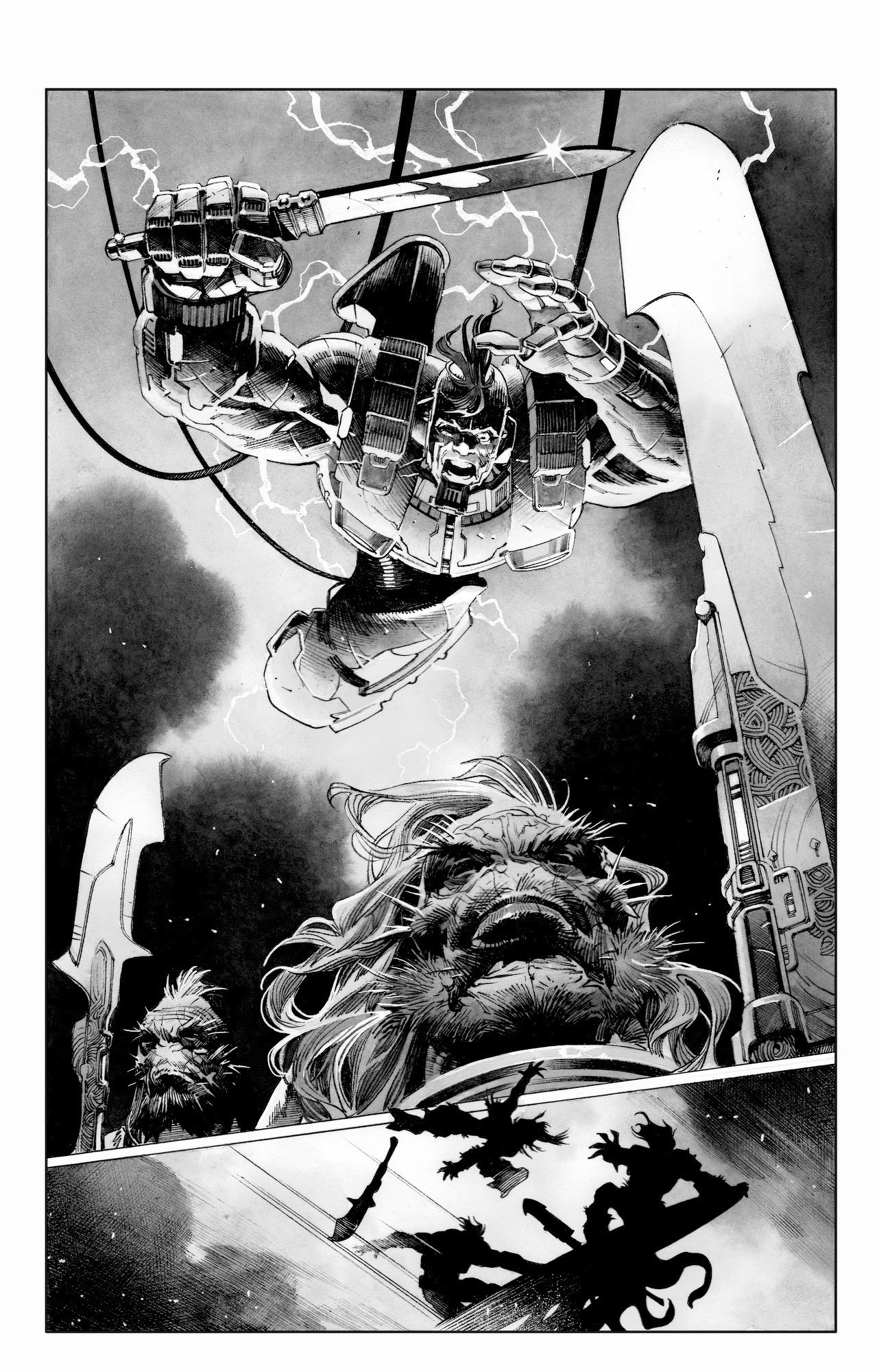 Auto-generated description: A fierce warrior armed with a sword leaps down toward two lion-headed figures standing below amidst a stormy, electrified sky.