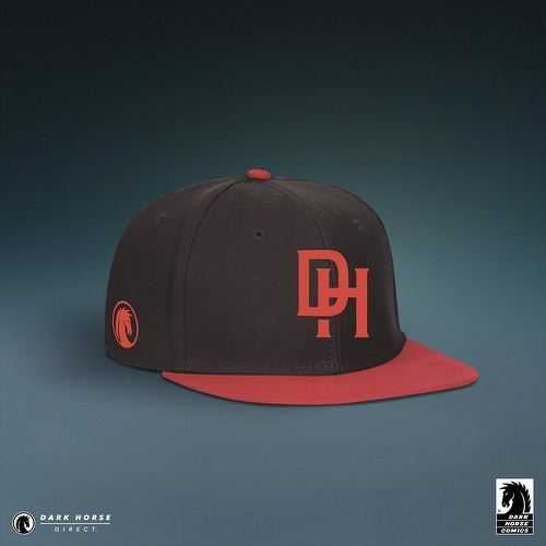 Auto-generated description: A black and red cap featuring a bold DH logo on the front and a small horse emblem on the side, with branding labels from Dark Horse Comics.