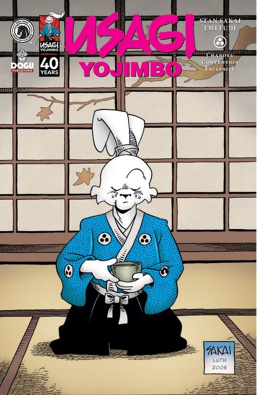 Auto-generated description: A white anthropomorphic rabbit dressed in traditional Japanese clothing is seated on tatami mats, holding a tea bowl in a serene, autumn-themed room.