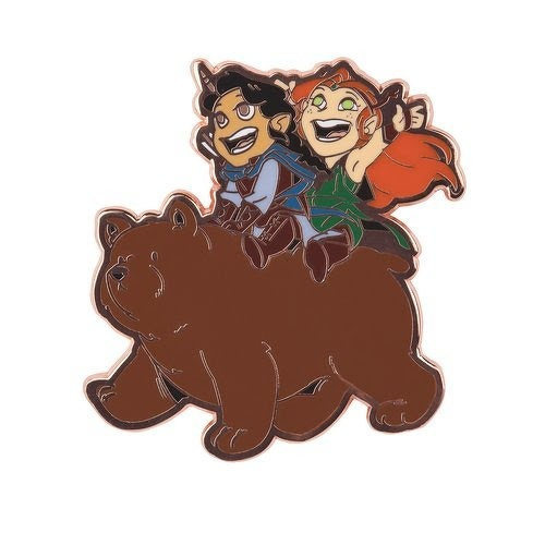 Auto-generated description: Two cheerful elf characters are riding on the back of a large brown bear.