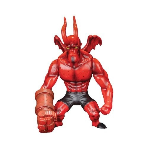 Auto-generated description: A muscular red demon figure with horns, wings, a goatee, black shorts, and a large armored right hand is standing in a powerful pose.