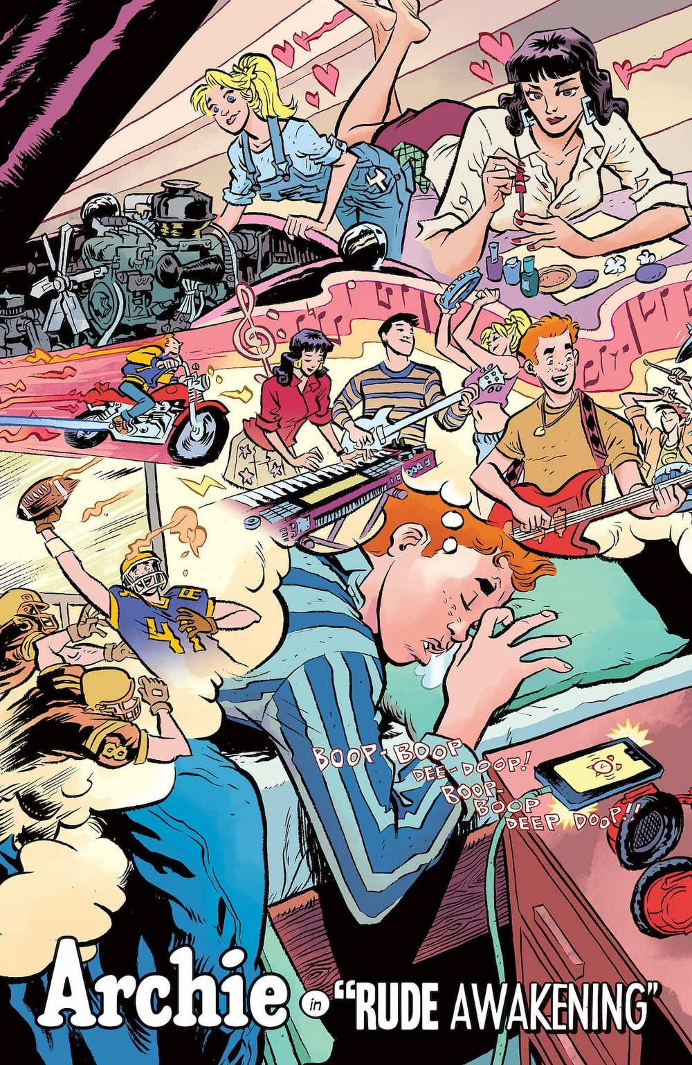 A boy named Archie is shown sleeping while dreaming about various lively scenes including music, sports, a motorcycle chase, and people engaged in different activities.