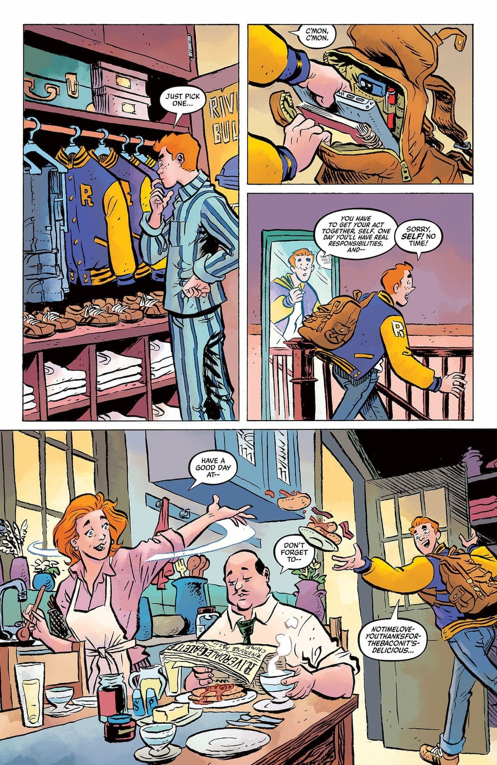 A young man in pajamas selects a letterman jacket, hurriedly packs his bag, rushes out while being reminded of his responsibilities, and shares a playful morning moment with a woman and a man at breakfast.