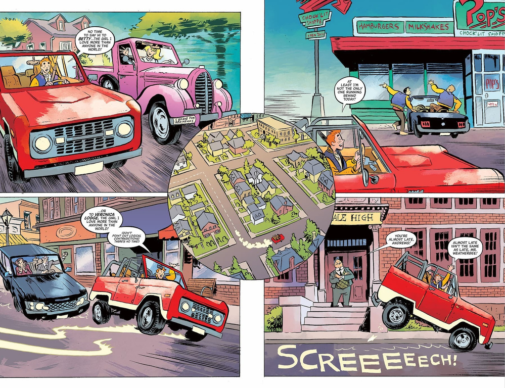 A sequence of comic panels shows a red car speeding through town streets, navigating turns and narrowly avoiding a collision while a character talks about being late and their destination.
