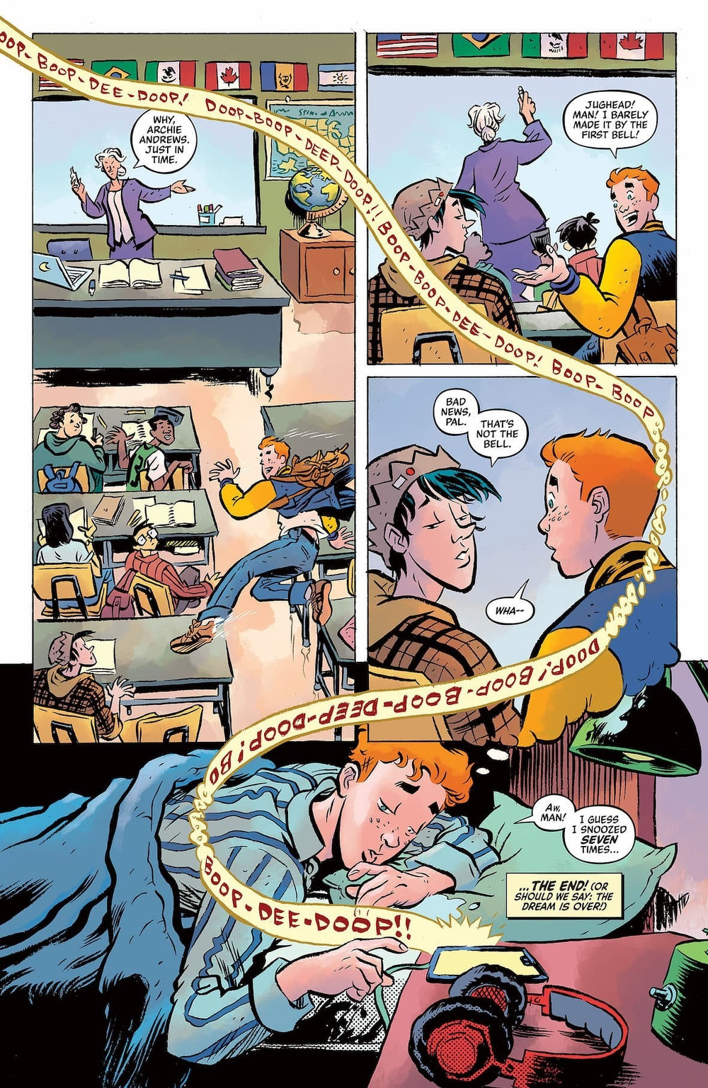 A comic strip depicts a boy named Jughead rushing to class after hearing an alarm, only to find out it wasn't the bell, and then waking up in bed realizing he snoozed the alarm multiple times.