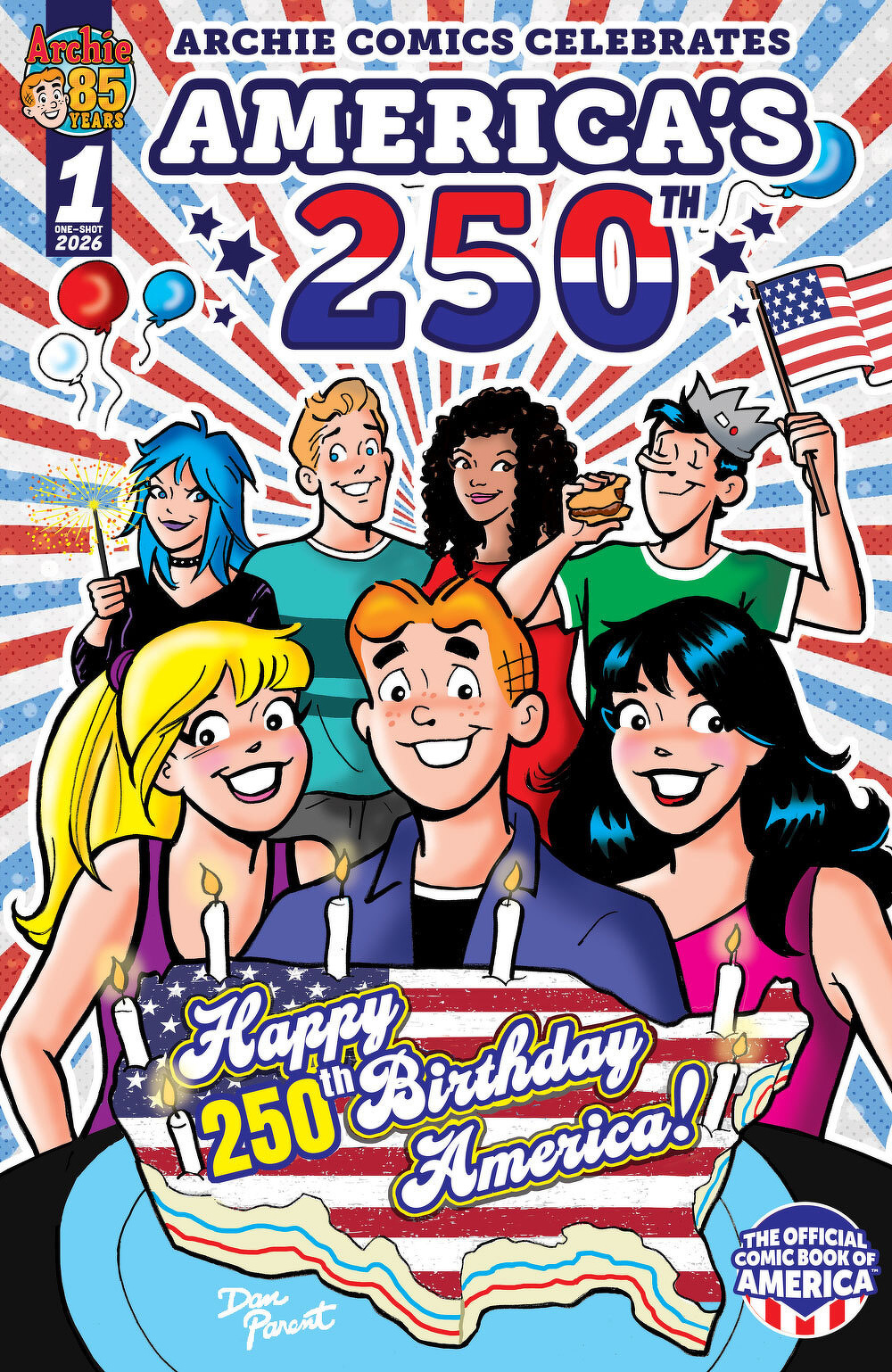 Characters from Archie Comics celebrate America's 250th birthday with cake and festive decorations.