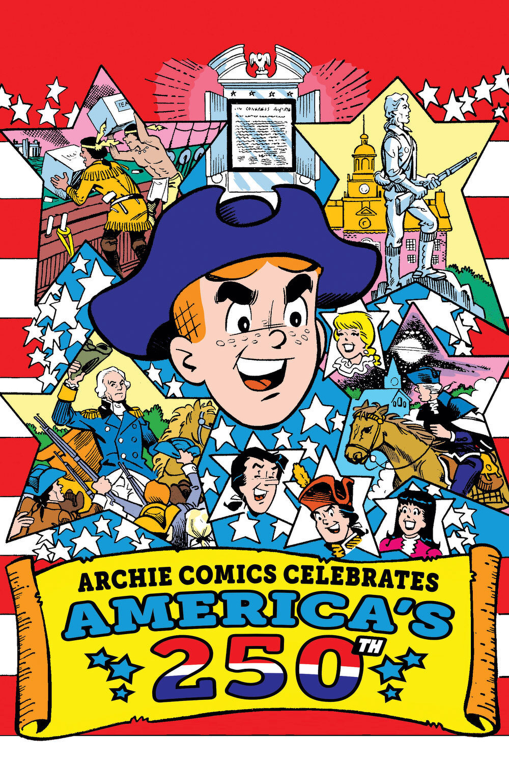 A colorful comic-style poster features a patriotic theme with historical figures and symbols, celebrating America's 250th anniversary.