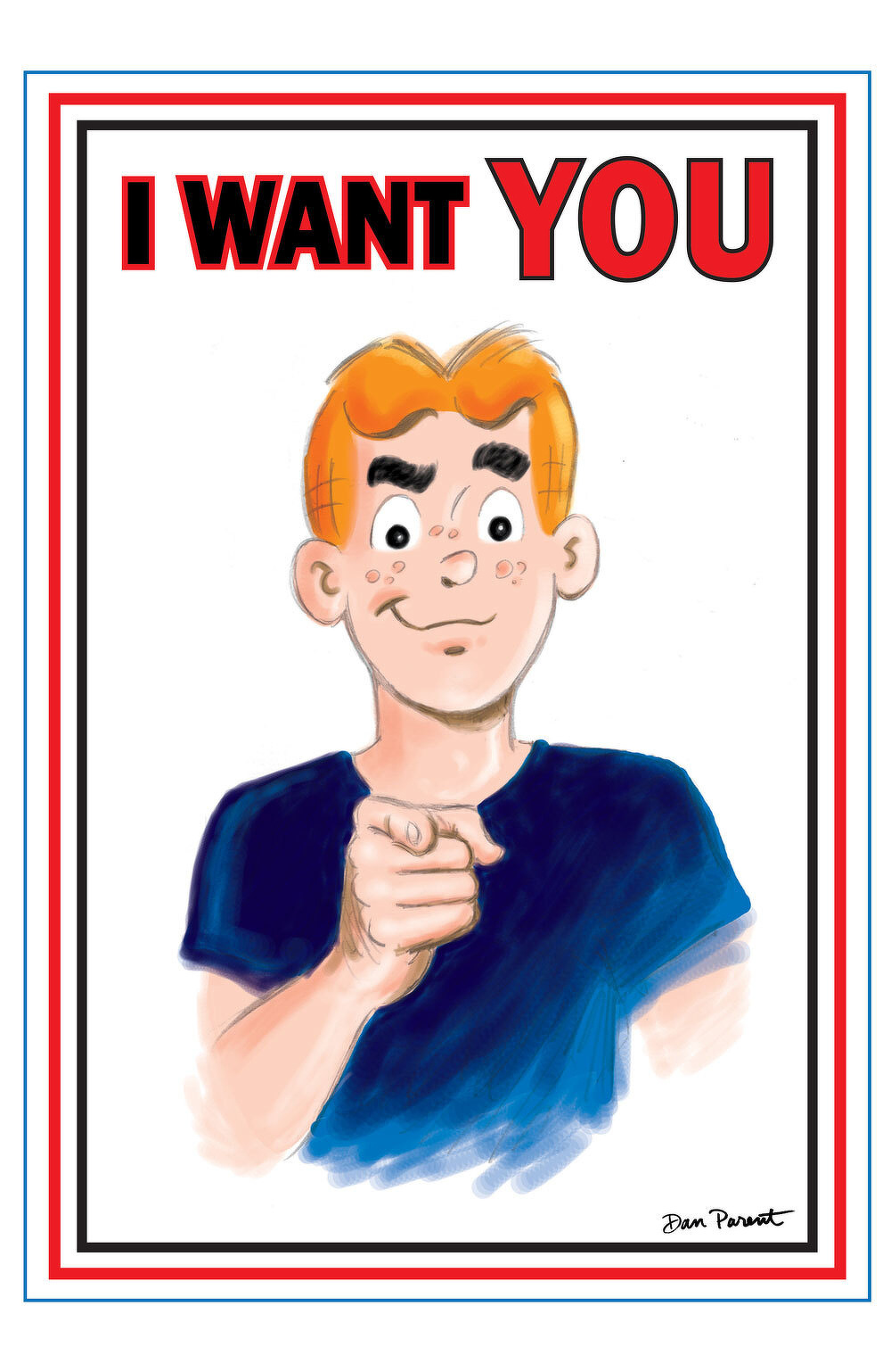 A cartoon character with orange hair points forward under the bold text I WANT YOU in a style reminiscent of a recruitment poster.
