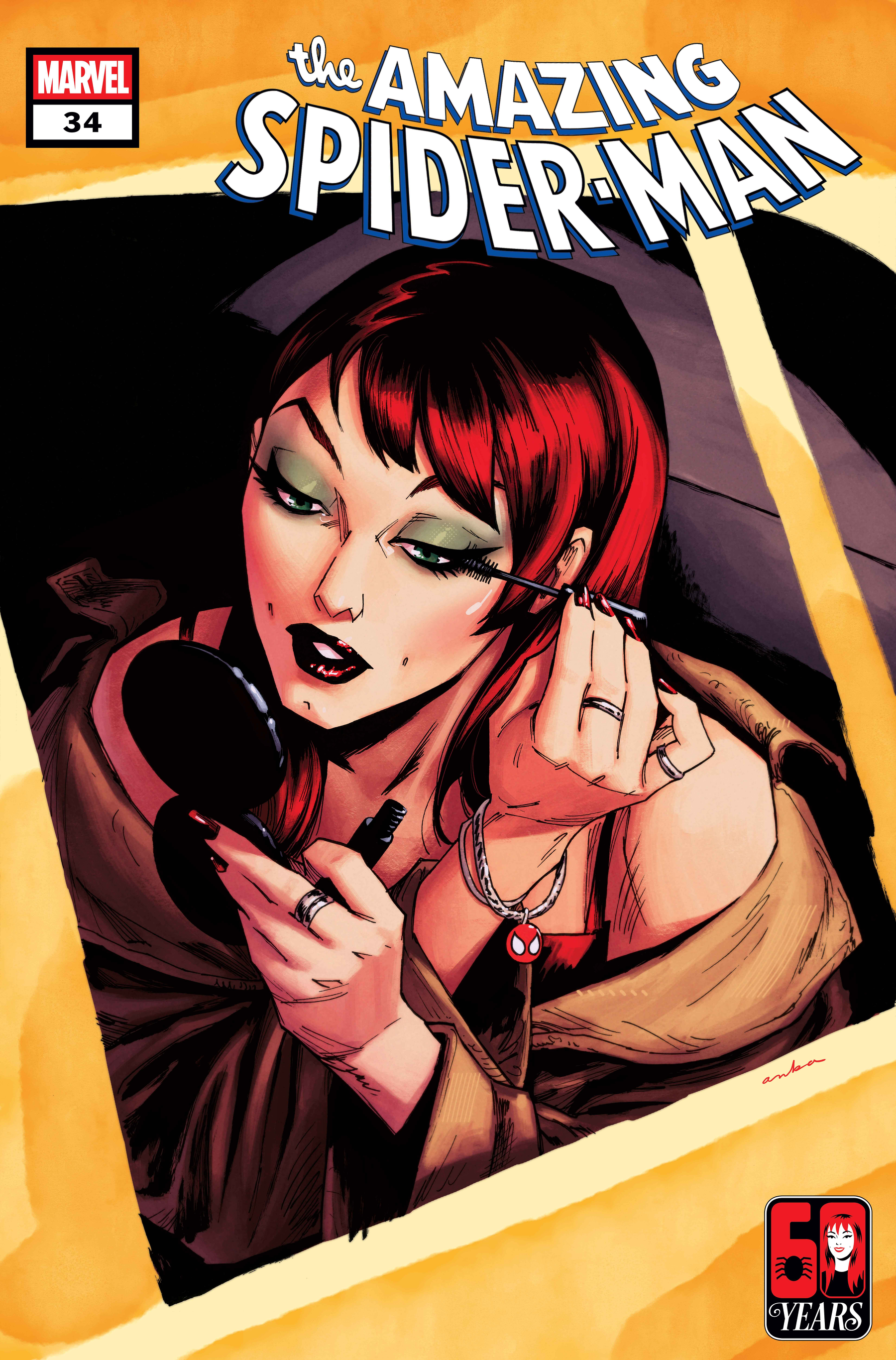 Auto-generated description: A woman with red hair applies makeup while holding a compact mirror on the cover of The Amazing Spider-Man comic book.