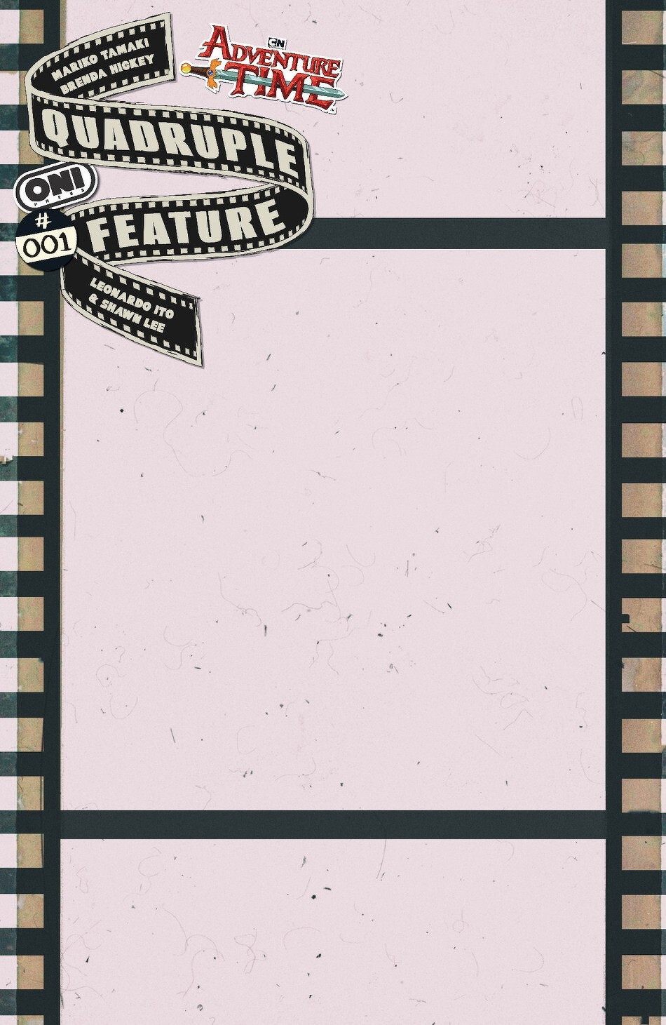 A vintage film strip-inspired background featuring an Adventure Time quadruple feature design with space for additional content.