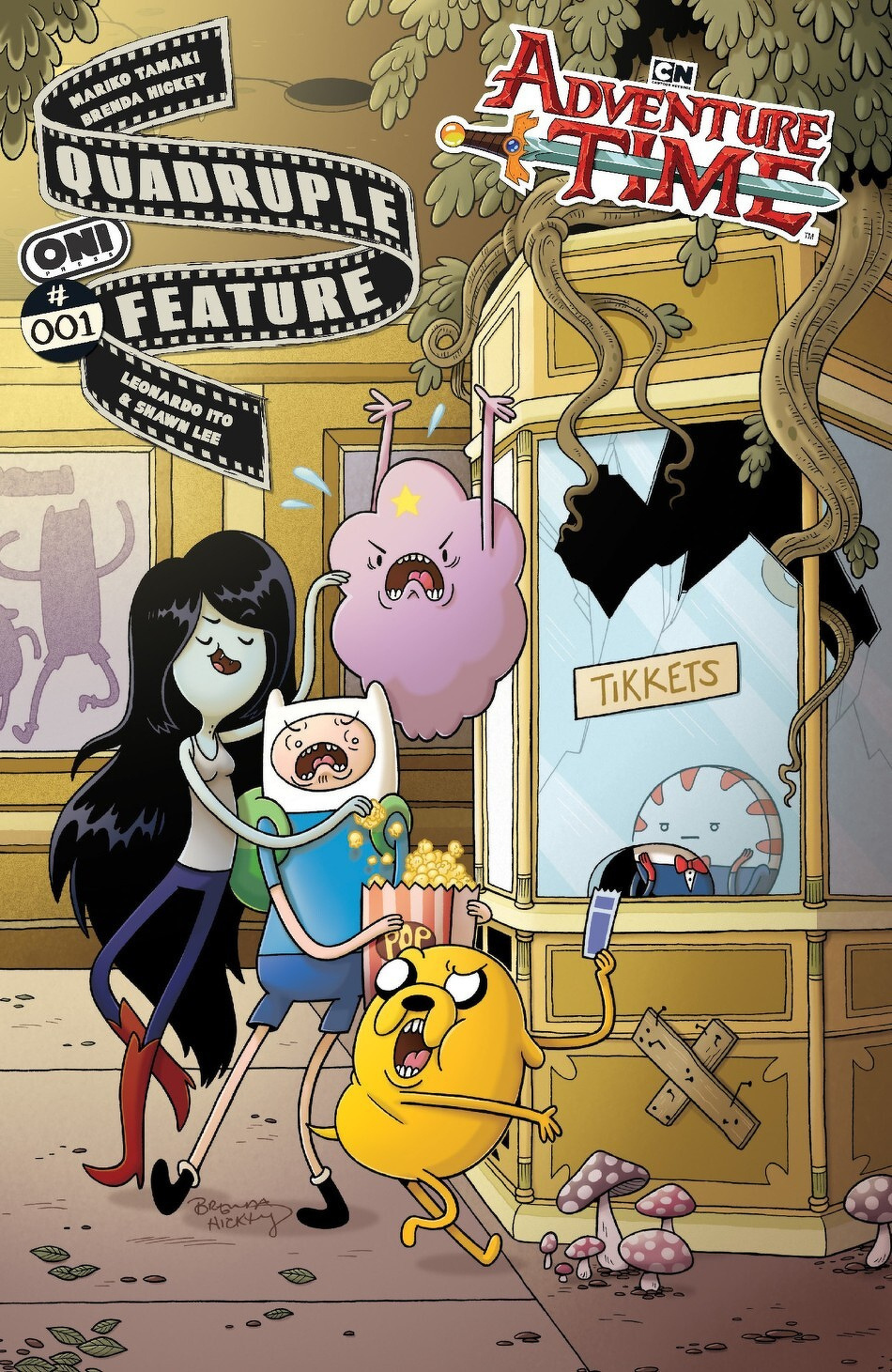 Characters from Adventure Time are in front of a movie theater ticket booth with a broken window, showing various expressions of excitement and surprise.