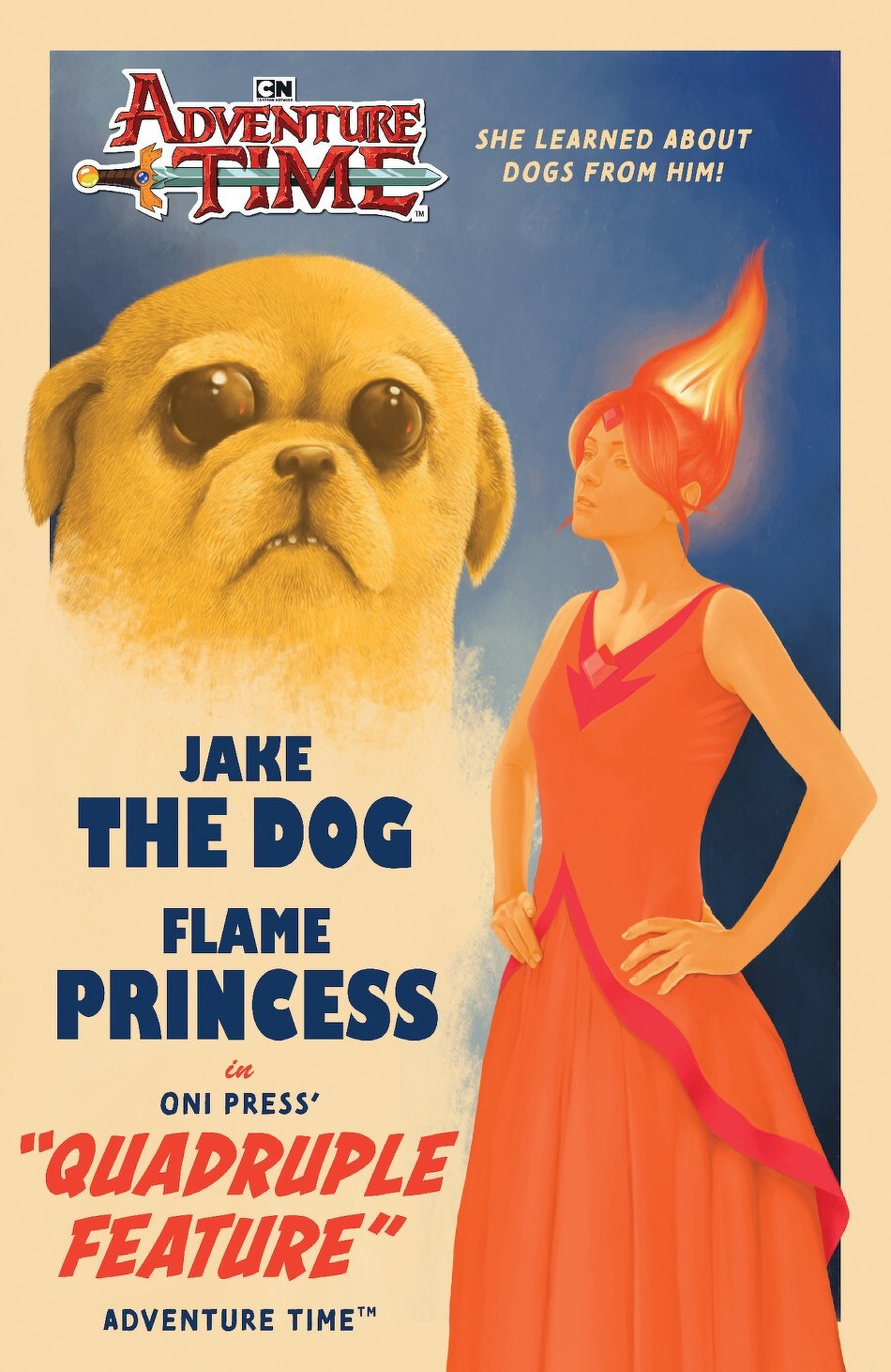 A vintage-style poster features Jake the Dog and Flame Princess from Adventure Time in a dramatic Quadruple Feature presentation.