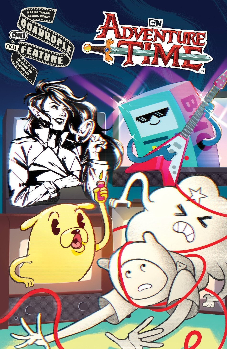 Cartoon characters, including a dog and figures with TV faces, are surrounded by musical and abstract elements in a vibrant comic-style artwork.