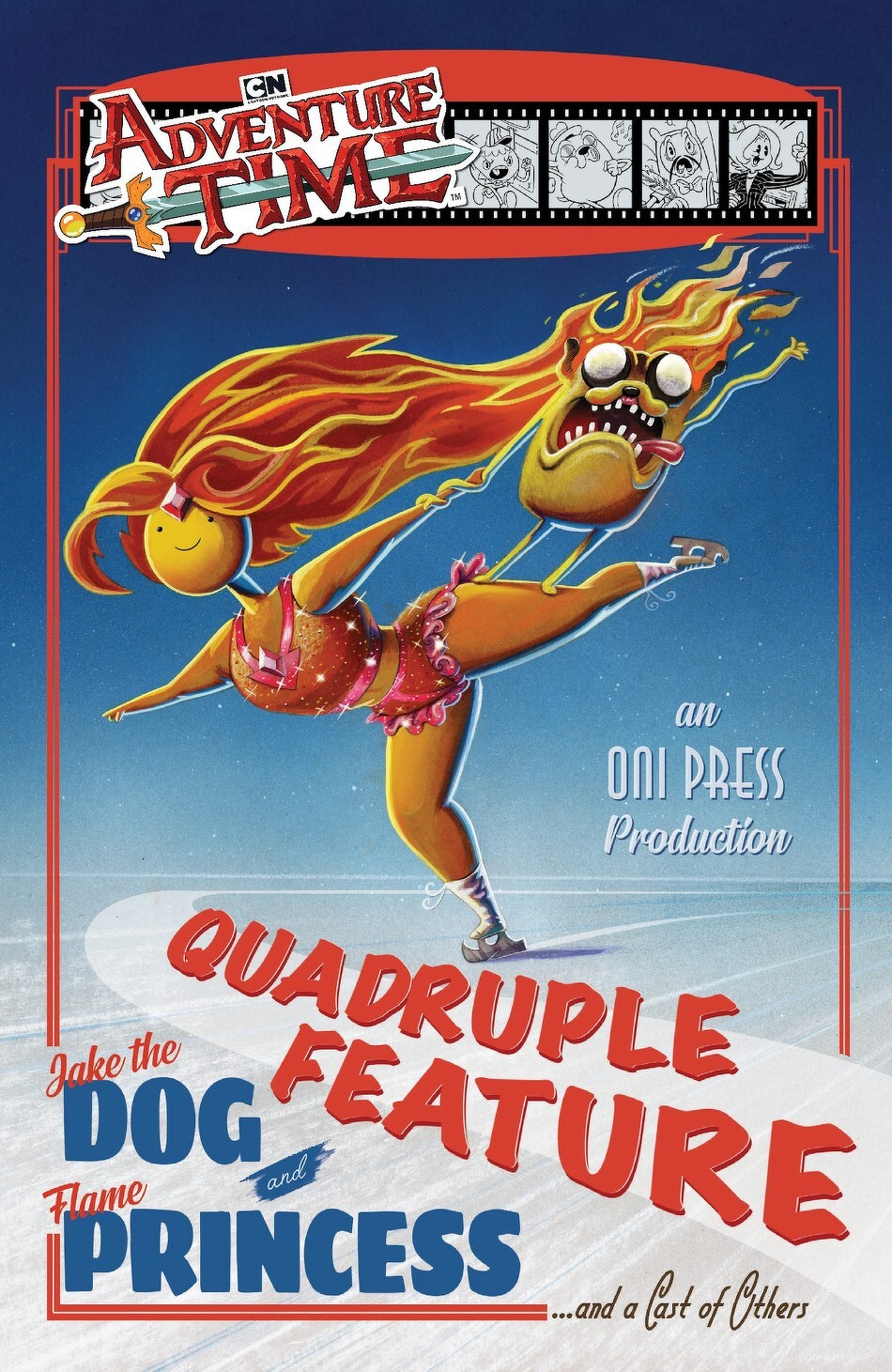 A vibrant comic-style cover features characters roller-skating, including a princess with flaming hair and a creature with a wide, toothy grin, under the title Adventure Time Quadruple Feature.