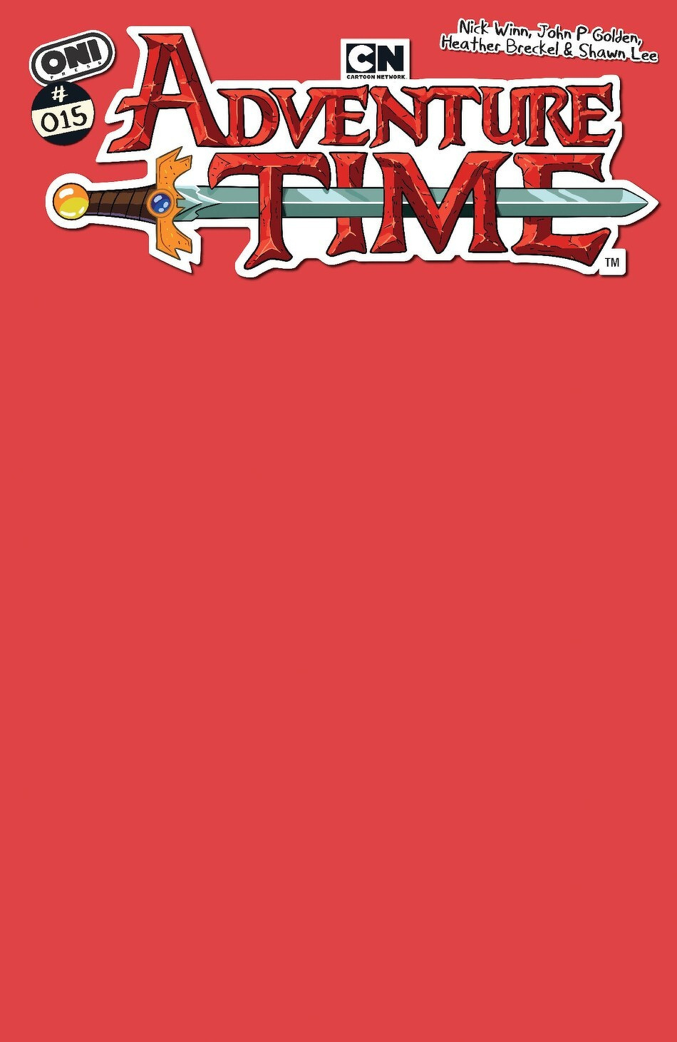 Cover art for the Adventure Time comic book issue #15, featuring a sword and logo on a red background.