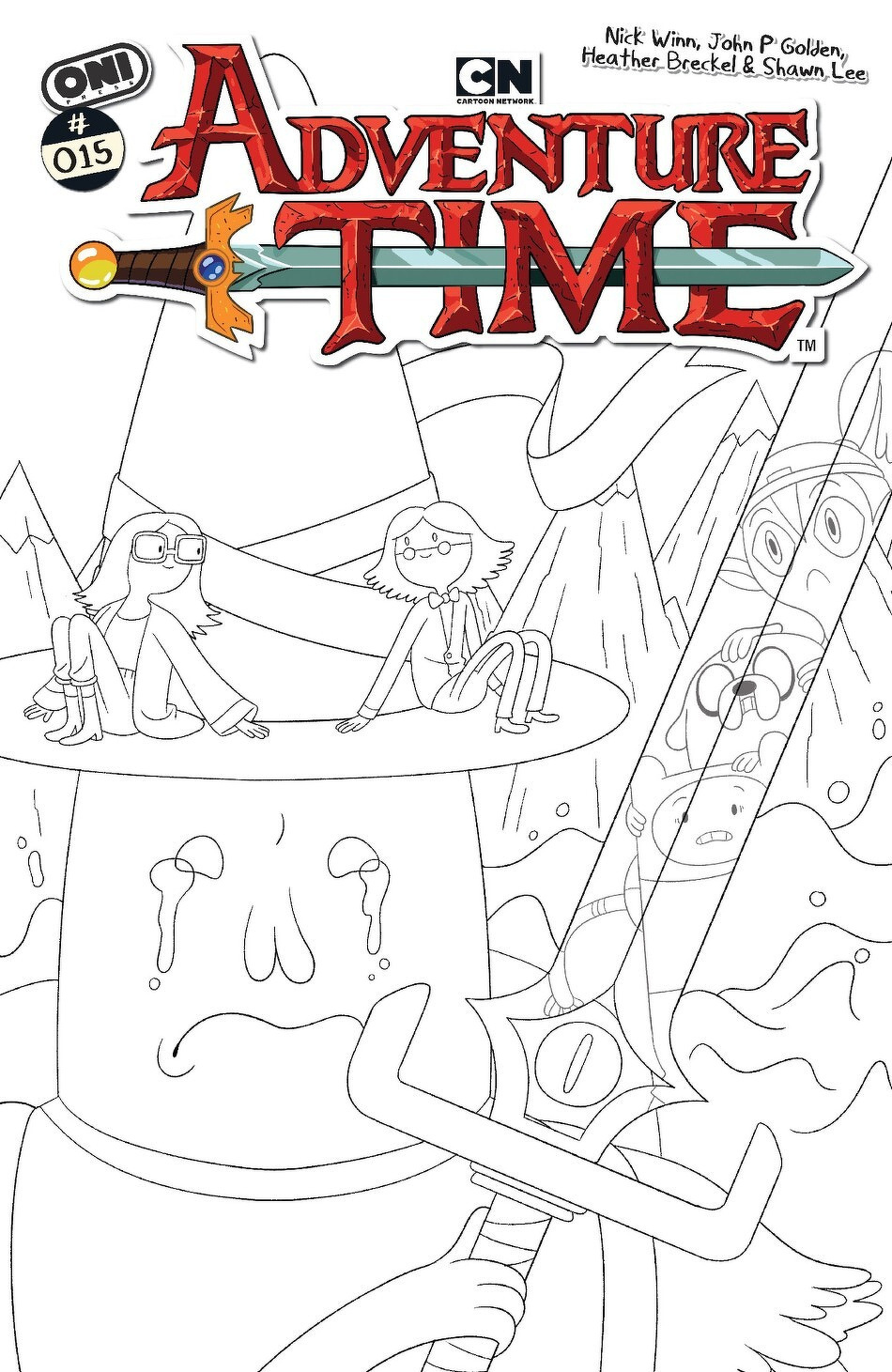 Two characters are sitting on a large hat, with a crying snowman in the background, in a scene from Adventure Time.