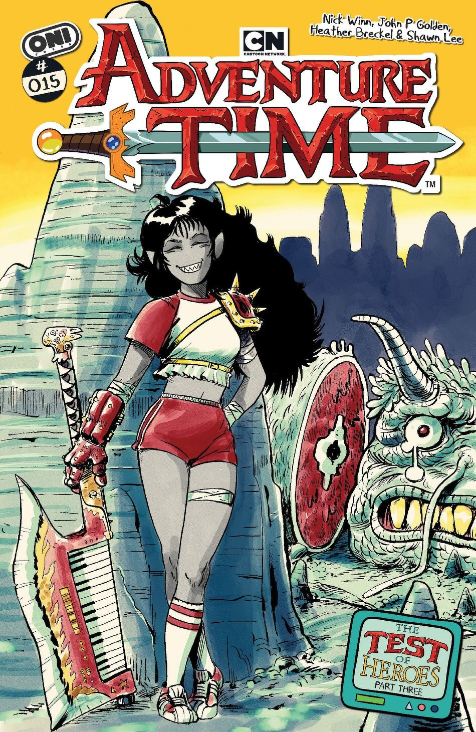 A warrior character with a sword poses confidently in a colorful, surreal landscape alongside a quirky creature.