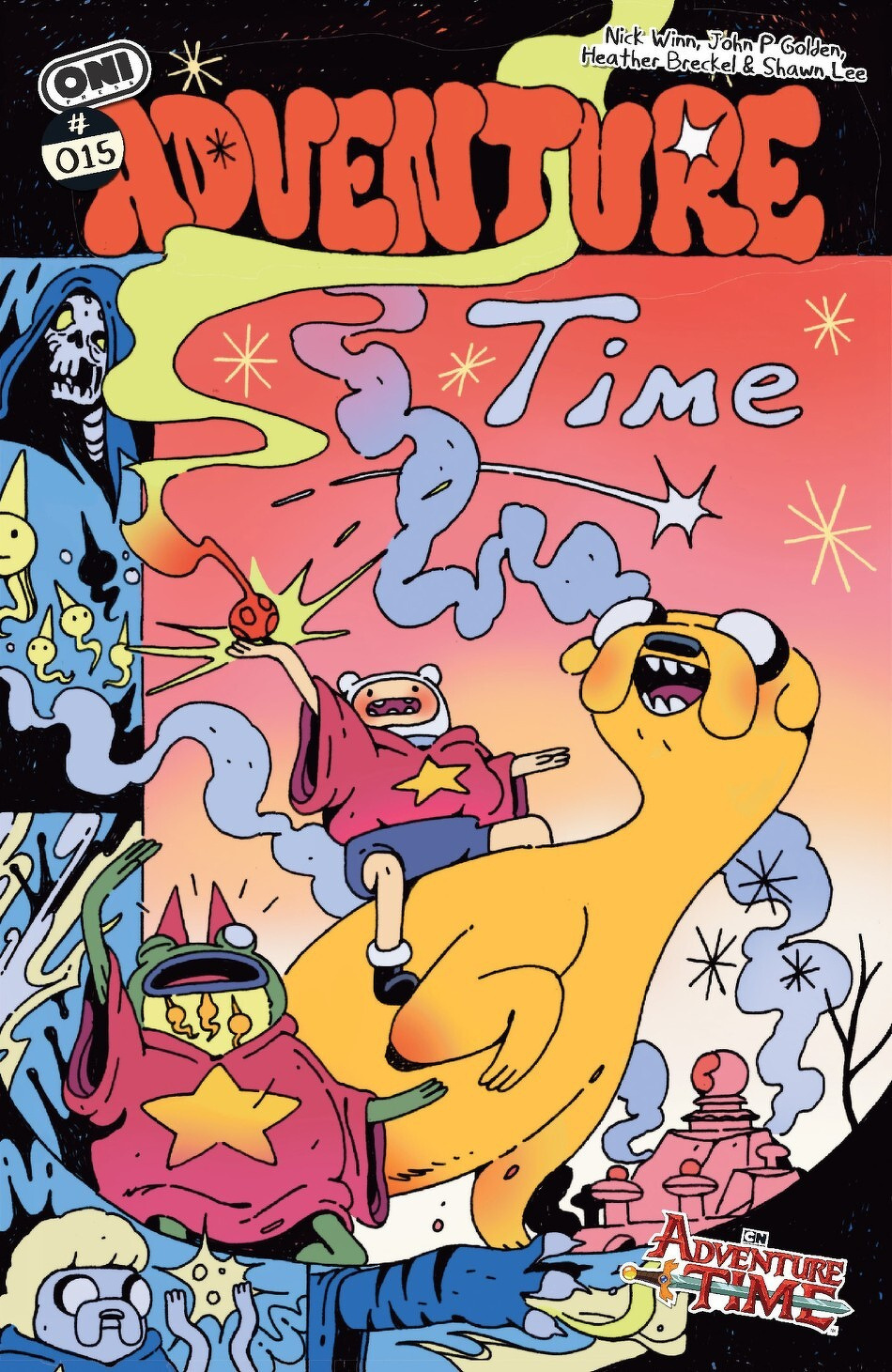 A colorful comic book cover features characters in a whimsical, surreal setting with a horse and various fantastical elements.