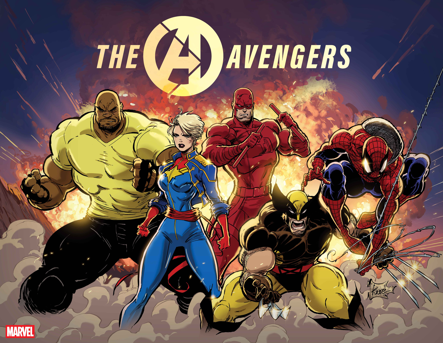Auto-generated description: Five Marvel superheroes, including Luke Cage, Captain Marvel, Daredevil, Wolverine, and Spider-Man, are posed dynamically in front of an explosive backdrop with the text The Avengers.