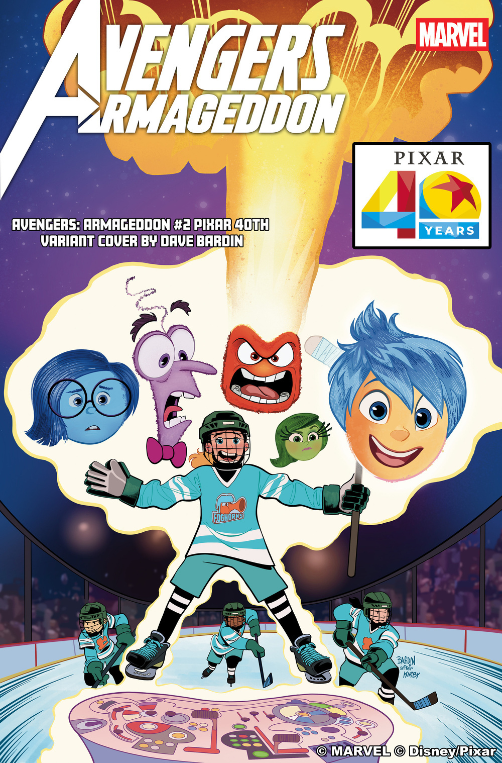 A cartoonish comic book cover features Pixar characters, including emotions from Inside Out and young hockey players, celebrating Pixar's 40th anniversary.