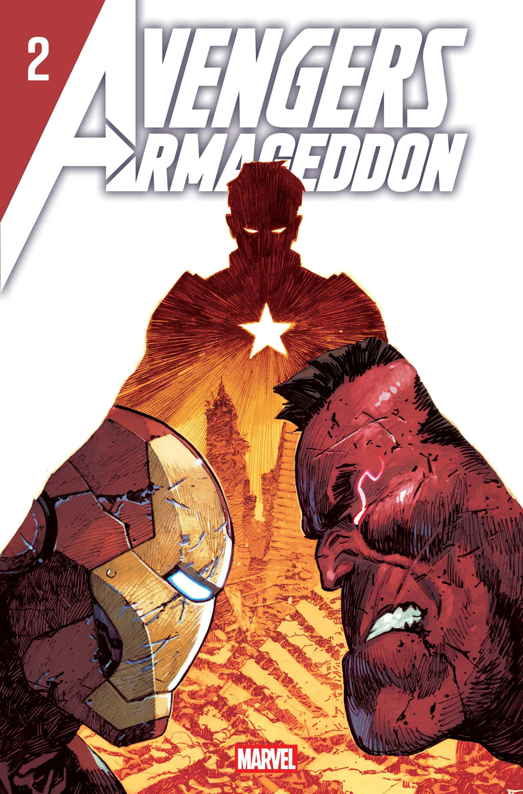 Auto-generated description: Iron Man and another character face off on the cover of Avengers Armageddon issue number 2, with a silhouette of Captain America in the background.