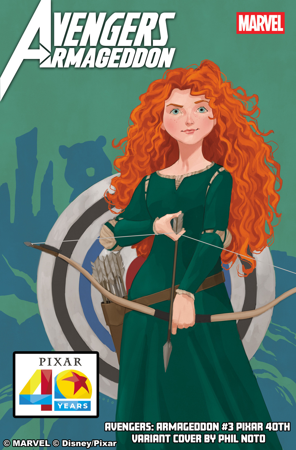 A red-haired archer in a green dress stands confidently with a bow and arrow in front of a target, as part of a Marvel and Pixar crossover cover.