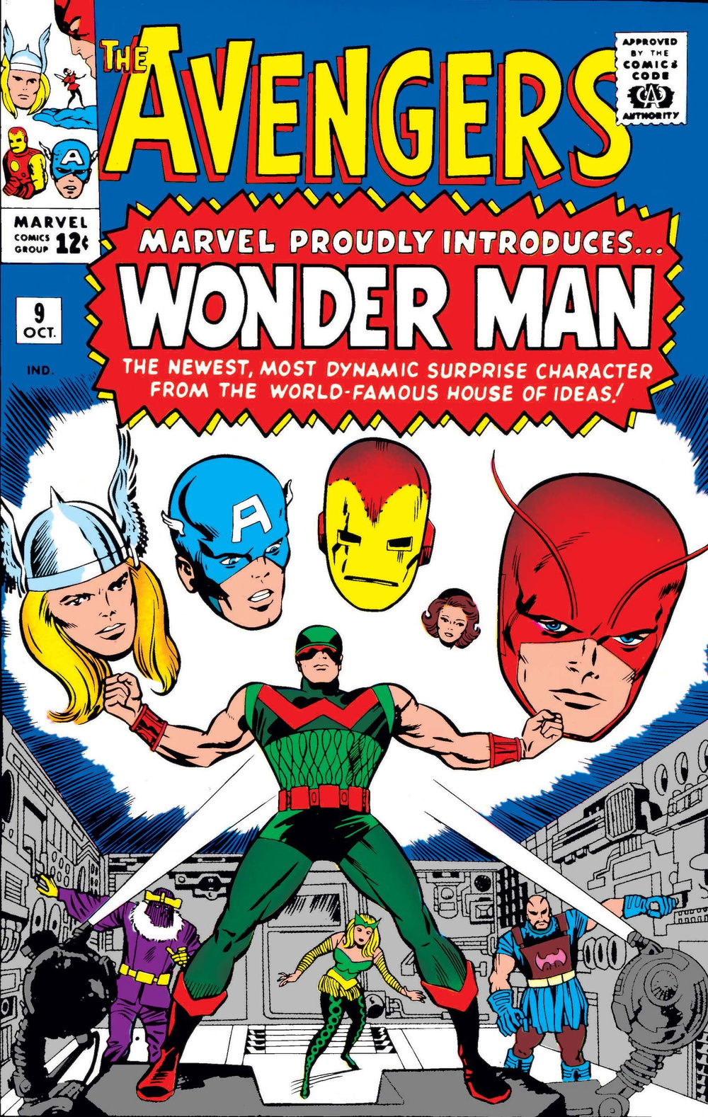 Comic book cover featuring Wonder Man and various Avengers characters, with vibrant colors and bold text.