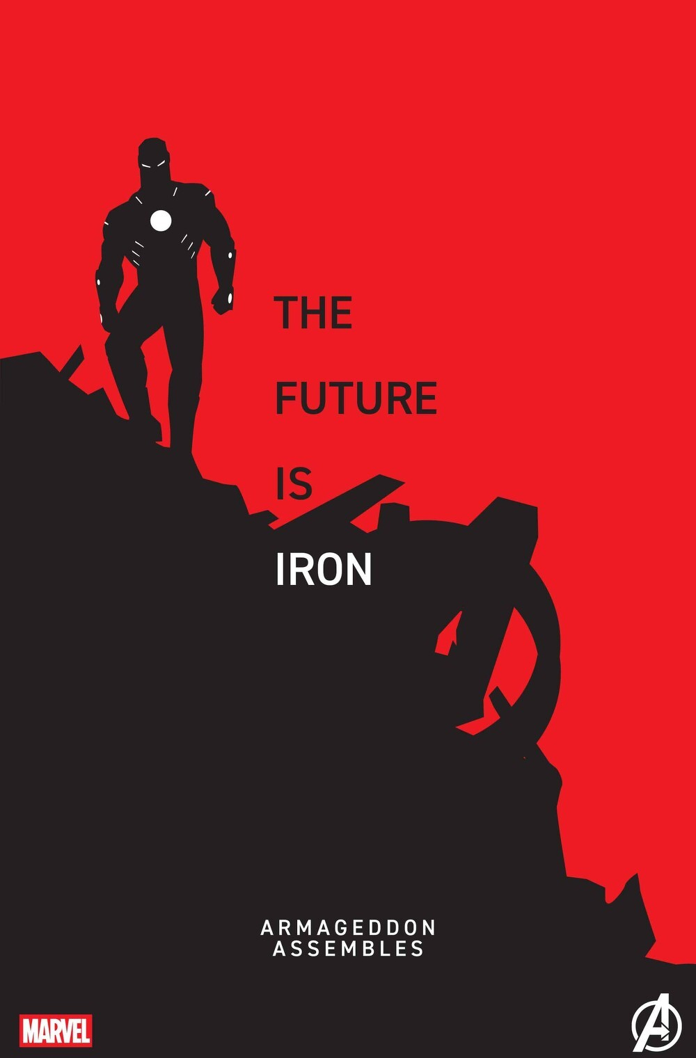Auto-generated description: A silhouette of Iron Man stands on a pile of rubble with the text THE FUTURE IS IRON and ARMAGEDDON ASSEMBLES against a red background, featuring Marvel and Avengers logos.