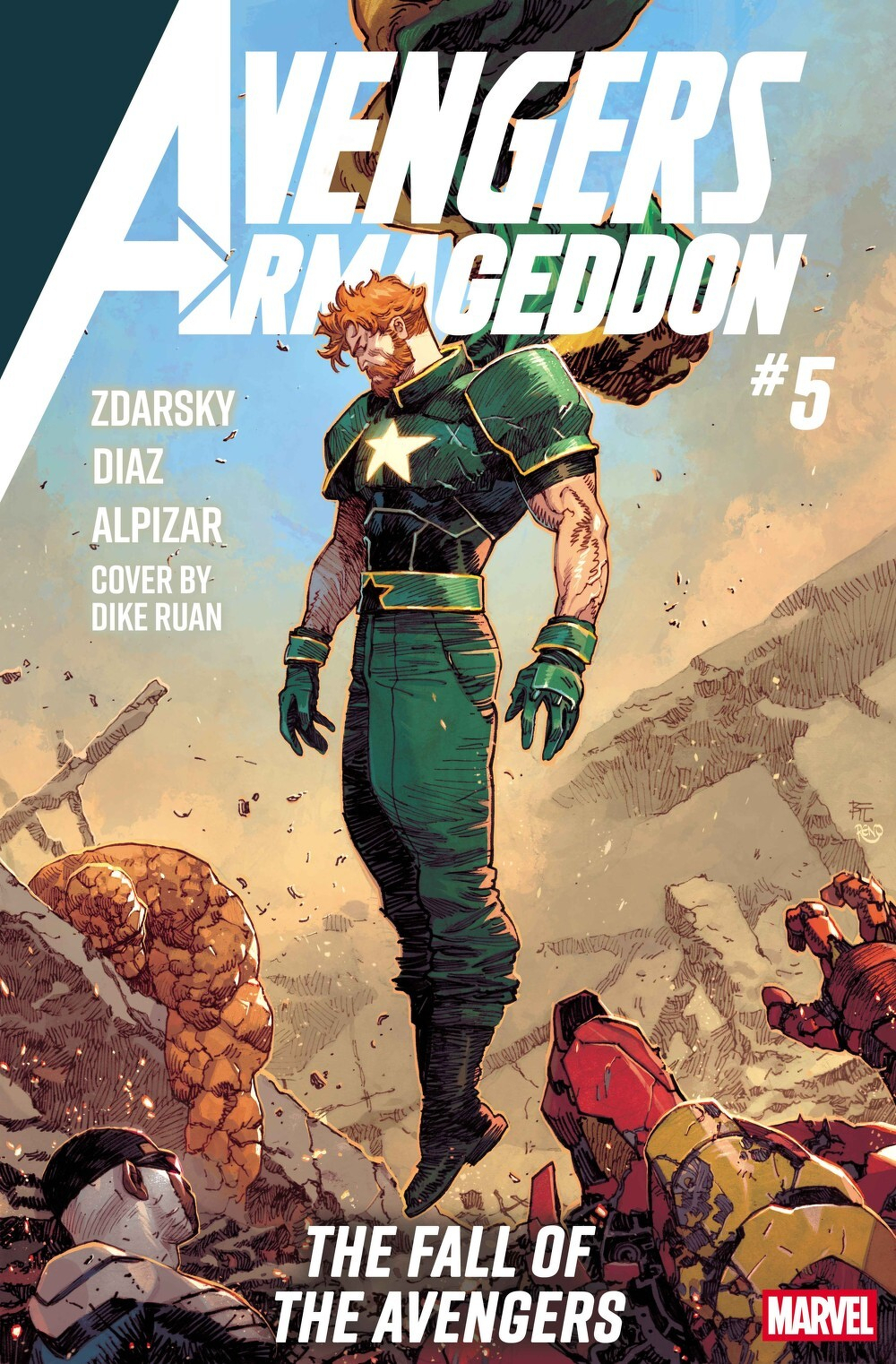 Auto-generated description: A powerful hero with glowing eyes and a star emblem on his chest levitates above defeated Avengers in a crumbling battlefield on the cover of Avengers Armageddon #5.