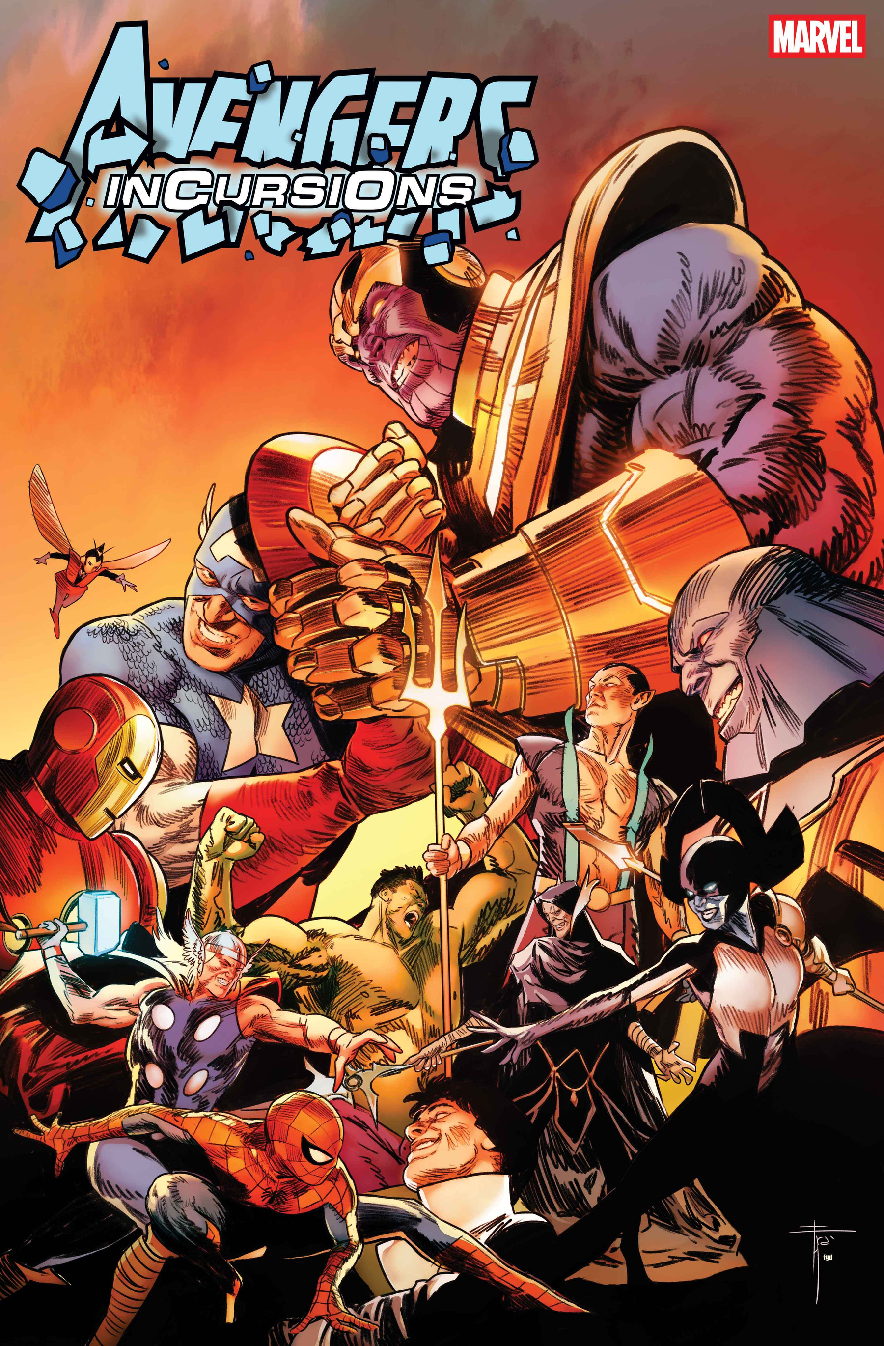 Auto-generated description: Several Marvel superheroes including Iron Man, Captain America, Thor, Hulk, and Spider-Man face off against villains like Thanos and Loki in a dynamic and intense confrontation.