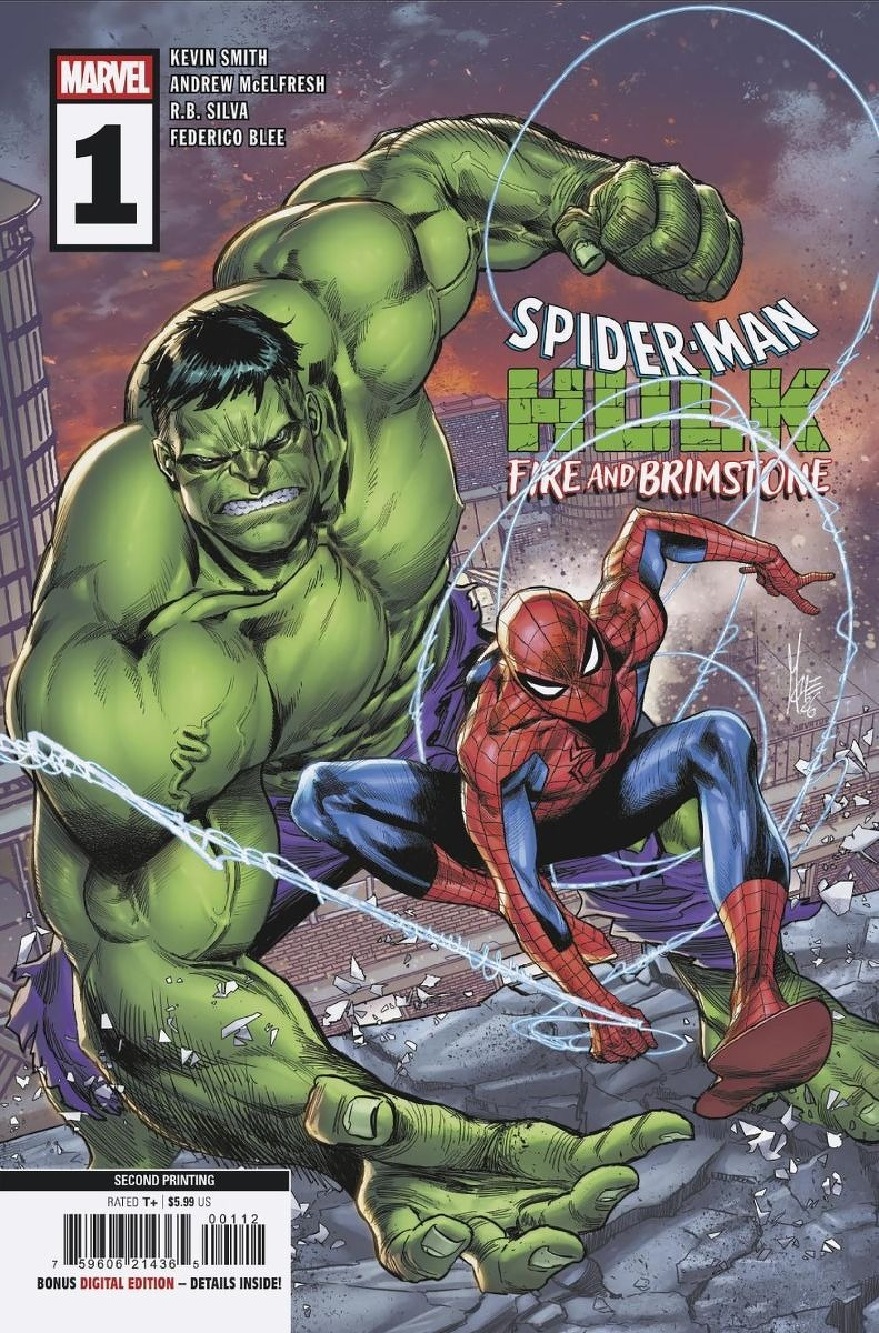 Auto-generated description: The comic book cover features the Hulk and Spider-Man in dynamic action poses amidst debris, with the title Spider-Man Hulk: Fire and Brimstone.