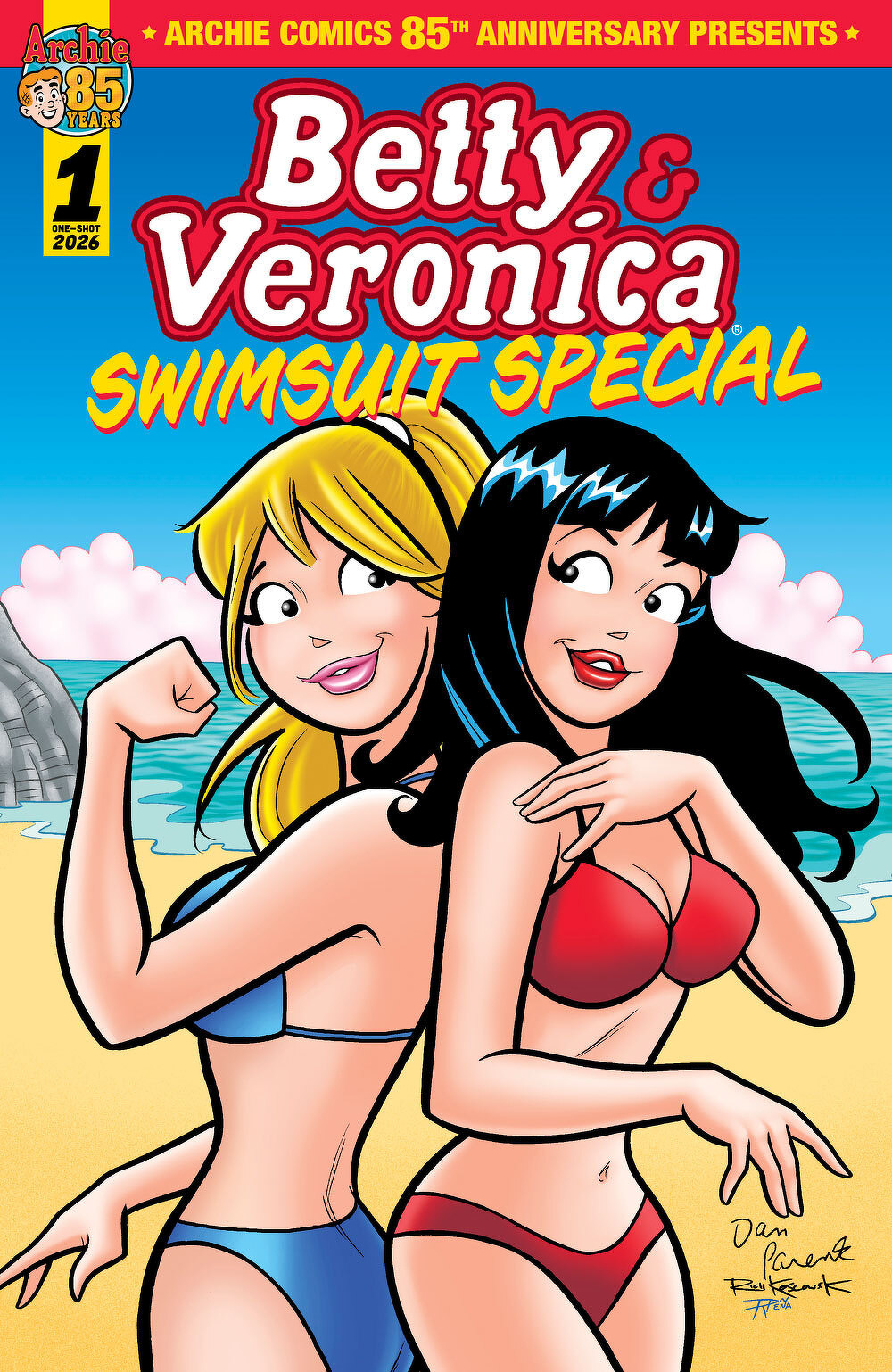 Two cartoon characters, one blonde and one with black hair, are posing in swimsuits on a beach for a comic cover.