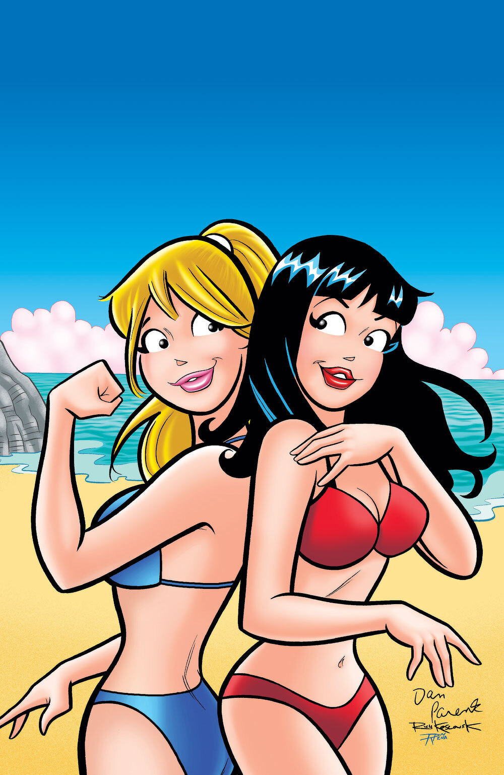 Two animated women in swimsuits are posing back-to-back on a beach with the ocean and cliffs in the background.