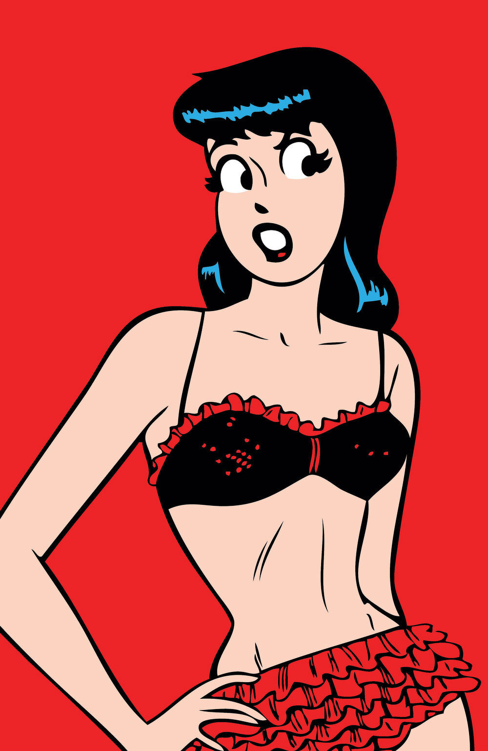 A retro-style cartoon illustration features a surprised woman with short black hair wearing a black ruffled bikini against a red background.