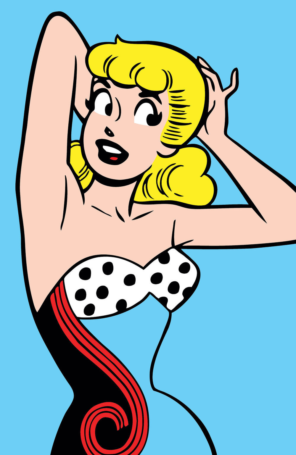 A pop art style illustration of a blonde woman with a surprised expression, wearing a strapless polka-dotted dress against a blue background.
