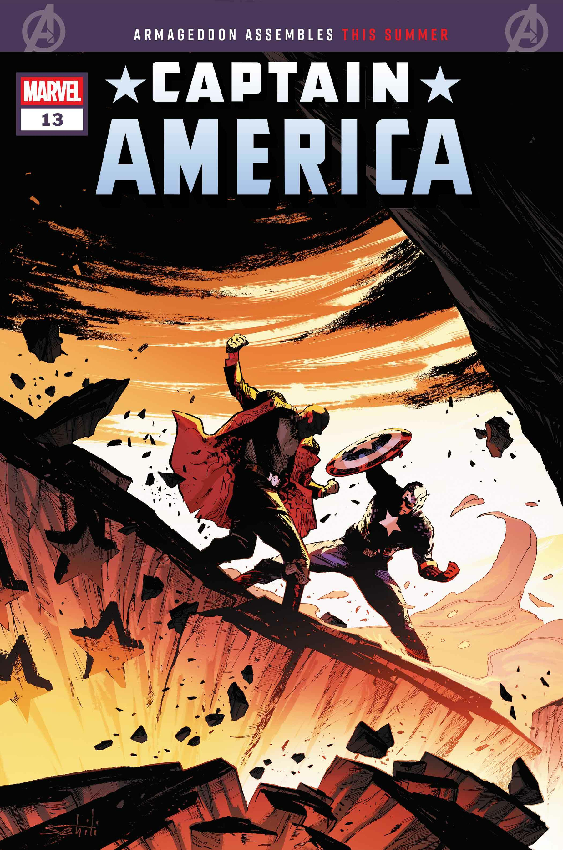 Auto-generated description: A comic book cover features Captain America battling a red-cloaked figure on a rocky cliff, with debris flying around them.
