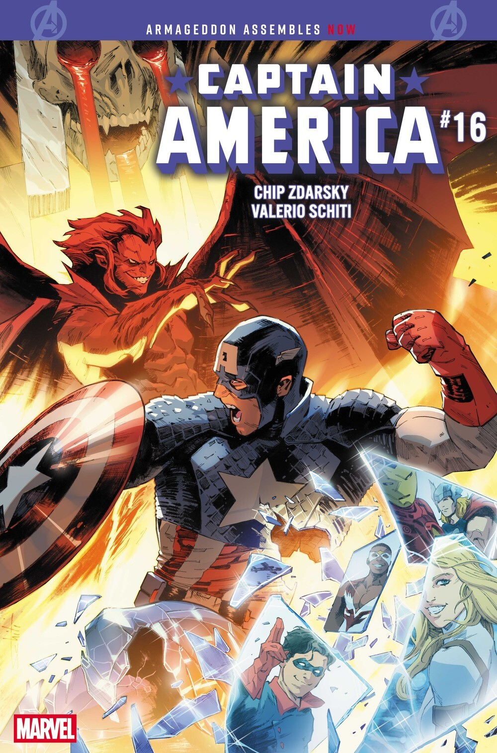 Auto-generated description: Captain America is depicted in an intense battle scene against a fiery, demonic adversary, surrounded by shattered glass displaying images of various other characters.
