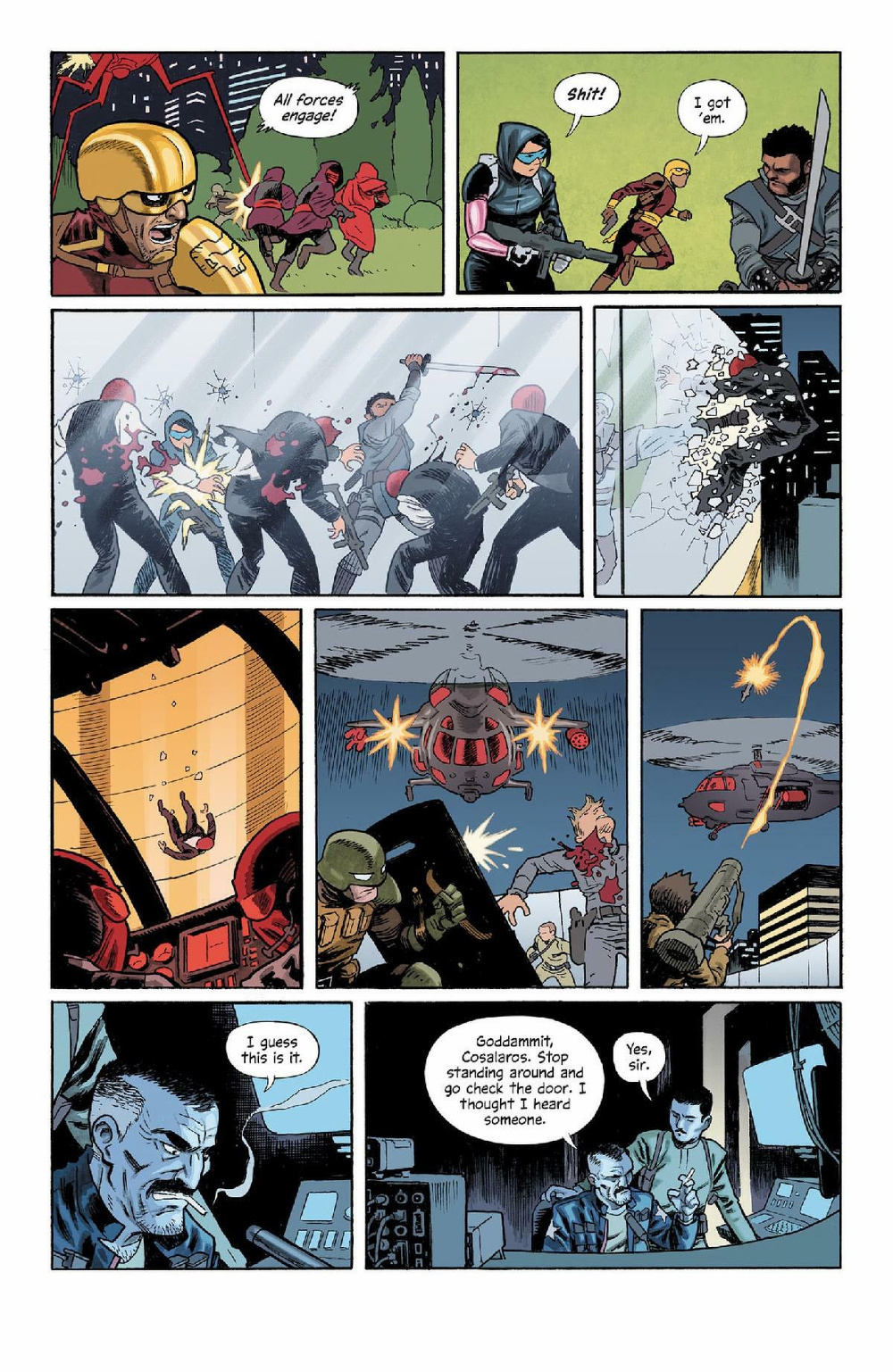 A group of superheroes engage in a rooftop battle with assailants, leading to a dramatic rescue by helicopter as authorities monitor from inside a control room.