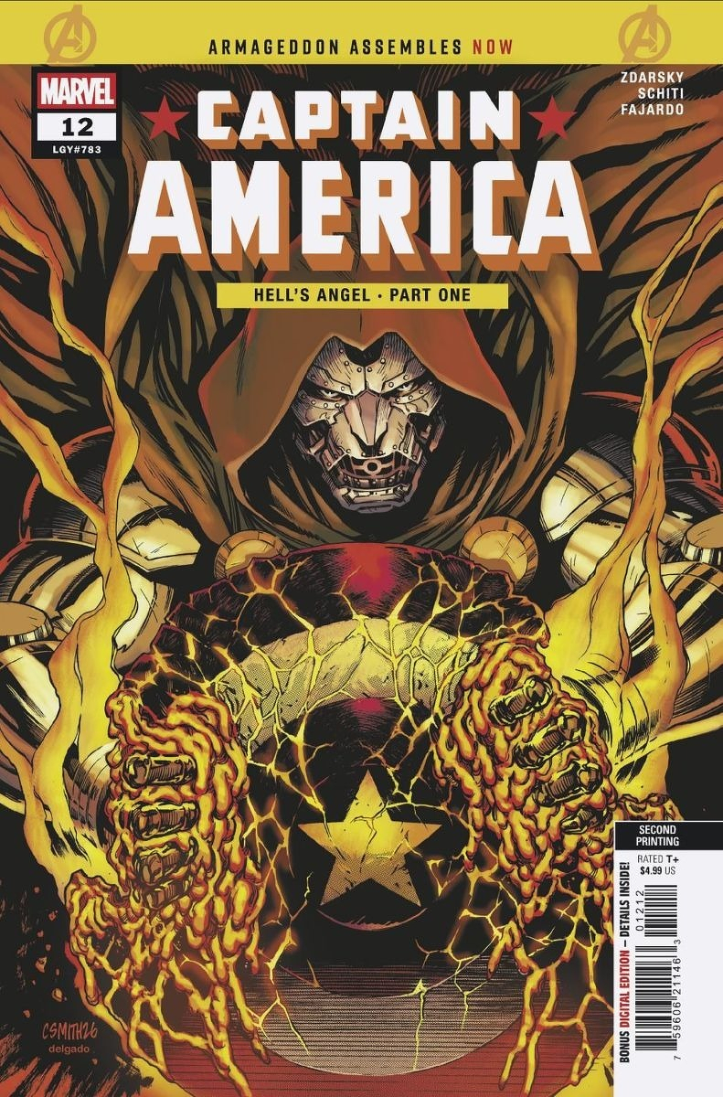 Auto-generated description: A menacing figure with a metallic mask and hood is depicted holding a cracked Captain America shield engulfed in fiery, molten energy.