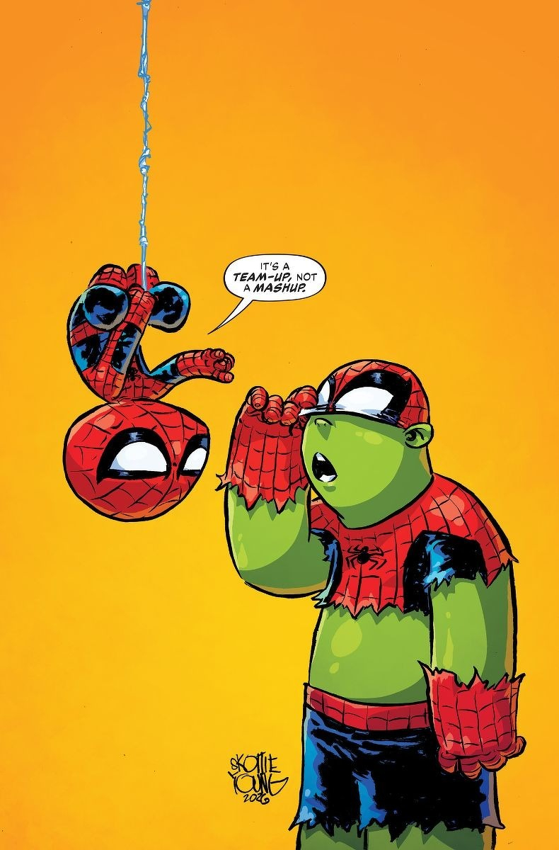 Auto-generated description: A cartoon-style Hulk and Spider-Man are dressed in Spider-Man costumes, with Spider-Man hanging upside down on a web and Hulk saying, It's a TEAM-UP, not a mashup.