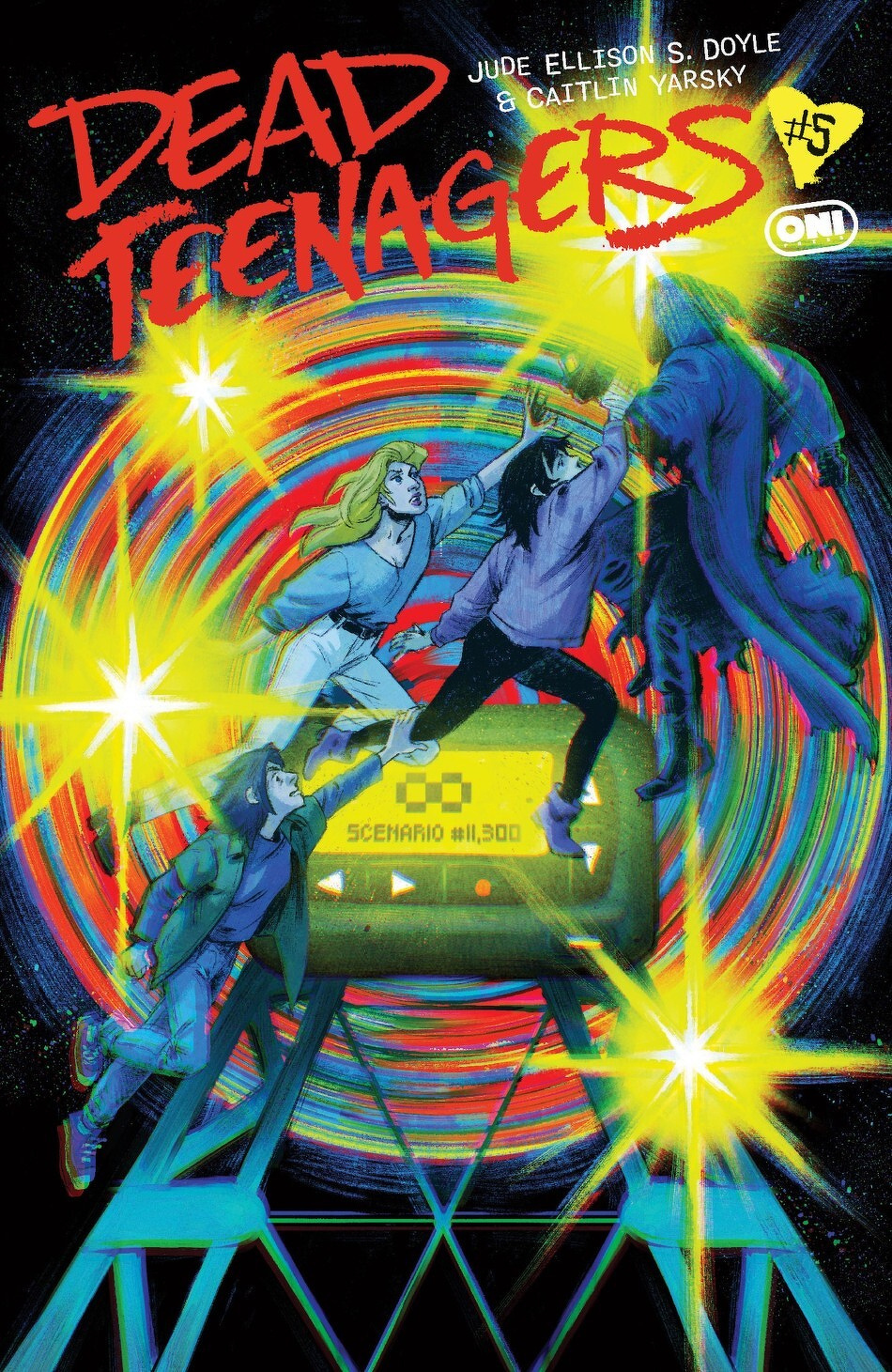 A dynamic comic book cover features three teenagers in action poses, surrounded by bright, colorful energetic patterns, with the title Dead Teenagers prominently displayed.