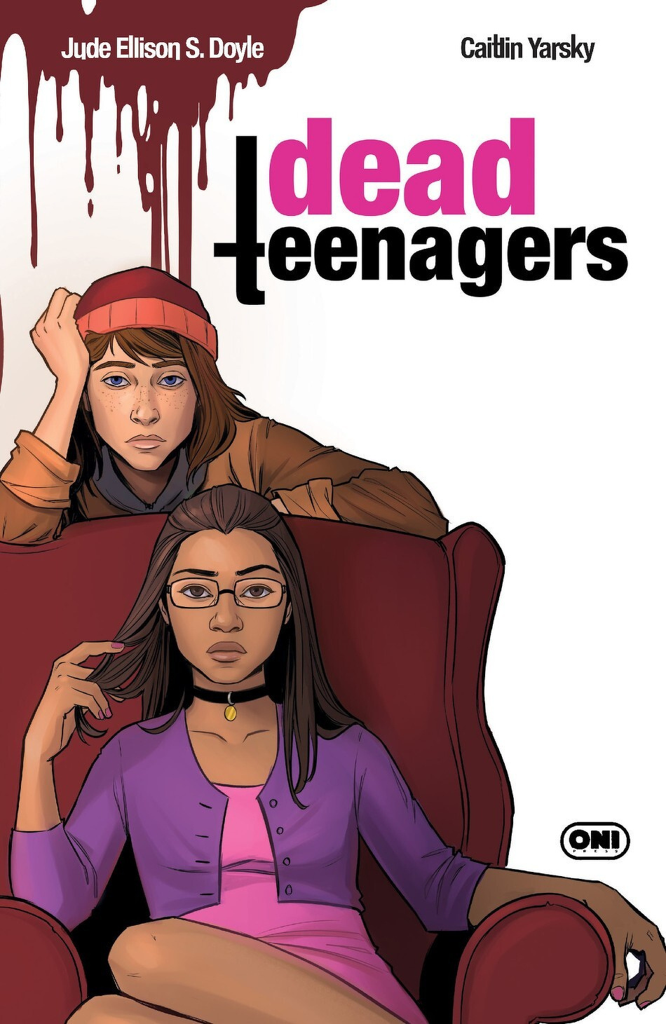 Two teenagers, one sitting pensively in an armchair and the other leaning over its back, are depicted on a comic book cover with the title Dead Teenagers.