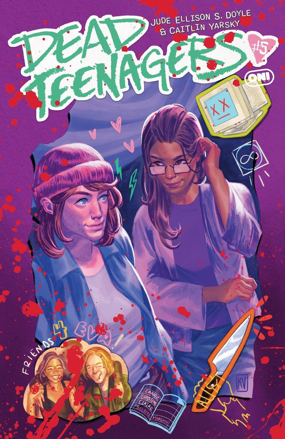 Two teenagers, one with purple hair and another wearing glasses, stand amidst colorful graffiti, with a knife and computer screen doodle in the background, under the title Dead Teenagers.
